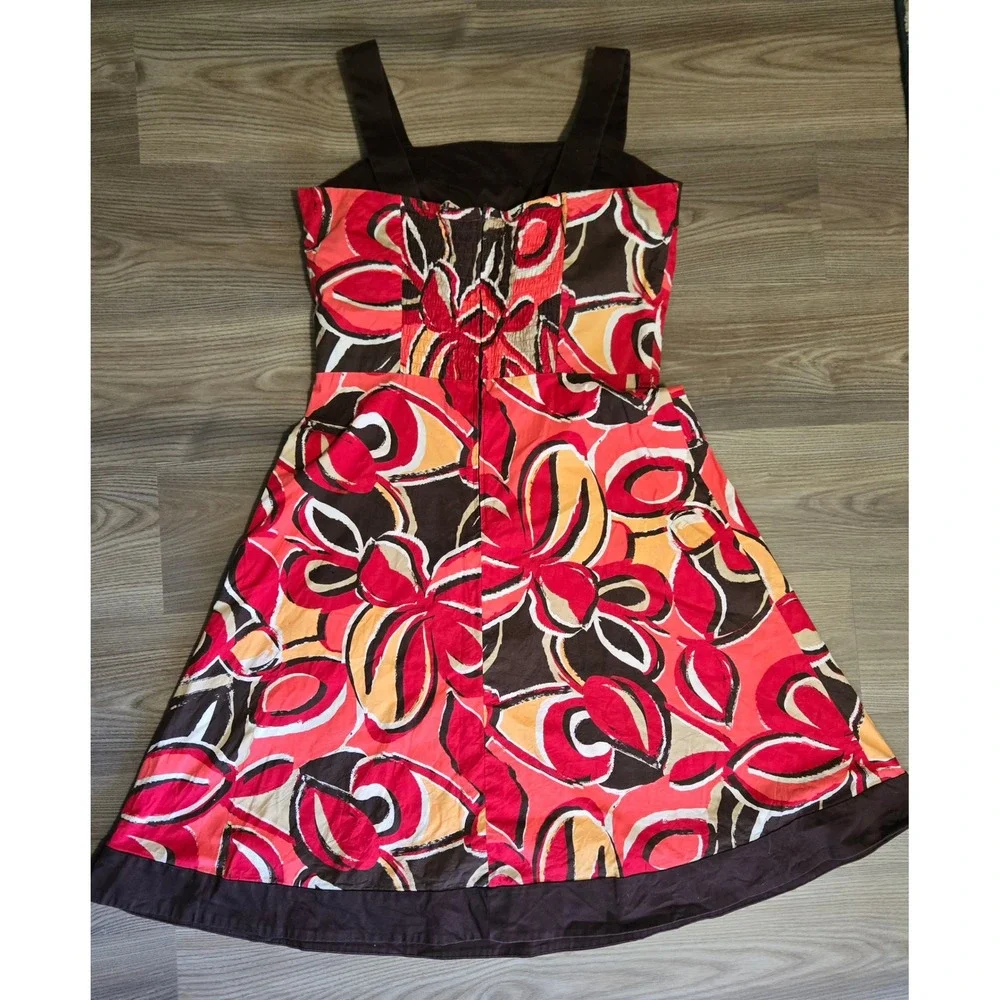 Vintage midi Sun Dress y2k Brown Red Abstract Fit Smocked Back Large - Picture 6 of 8